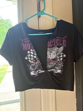 JULIA Black Graphic Tee with Purple Motorcycle Print